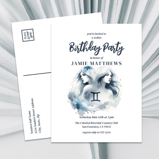 Cartão Postal De Convite Gemini gêmeos Zodiac Themed Festa de aniversário (Check Our Complete Collection of Gemini Zodiac Products. From Invites, to Party Decor, & Gifts!)