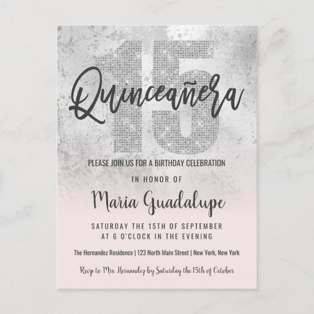 Cartão Postal De Convite Girassol Silver Pink Glitter Foil Quinceañera (Frente)