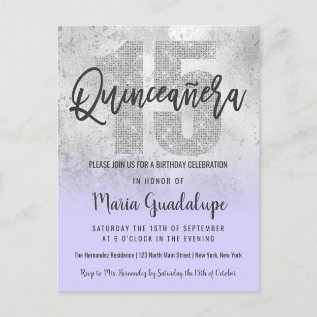 Cartão Postal De Convite Girly Grunge Silver Lilac Glitter Foil Quinceañera (Frente)
