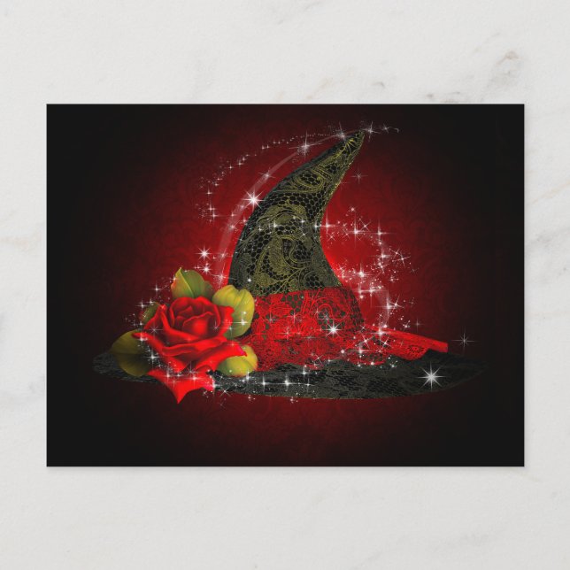 Cartão Postal De Convite Glam Witch Hat Lacy Black & Red Sparkle Party (Frente)