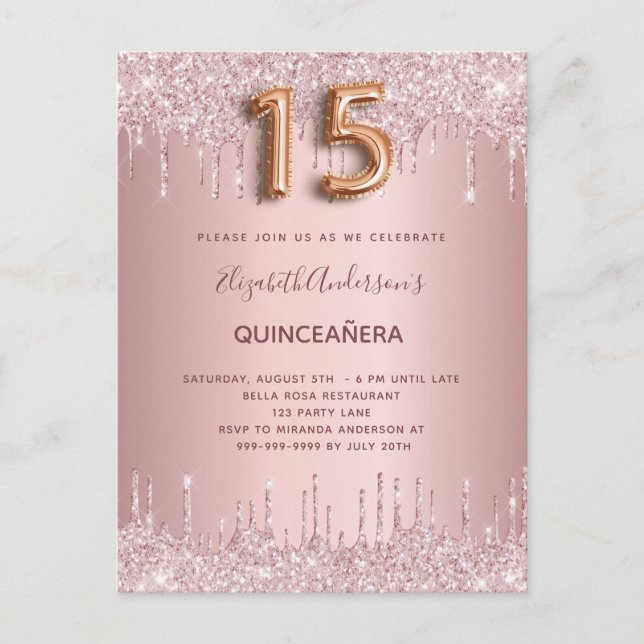 Cartão Postal De Convite Glitter rosa poeirento de Quinceanera goteja luxo  (Frente)
