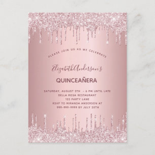 Cartão Postal De Convite Glitter rosa poeirento de Quinceanera goteja luxo