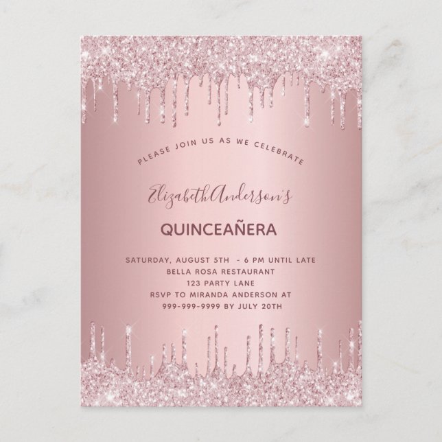 Cartão Postal De Convite Glitter rosa poeirento de Quinceanera goteja luxo  (Frente)