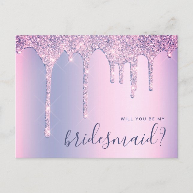 Cartão Postal De Convite Glitter roxo, você será minha dama de honra. (Frente)