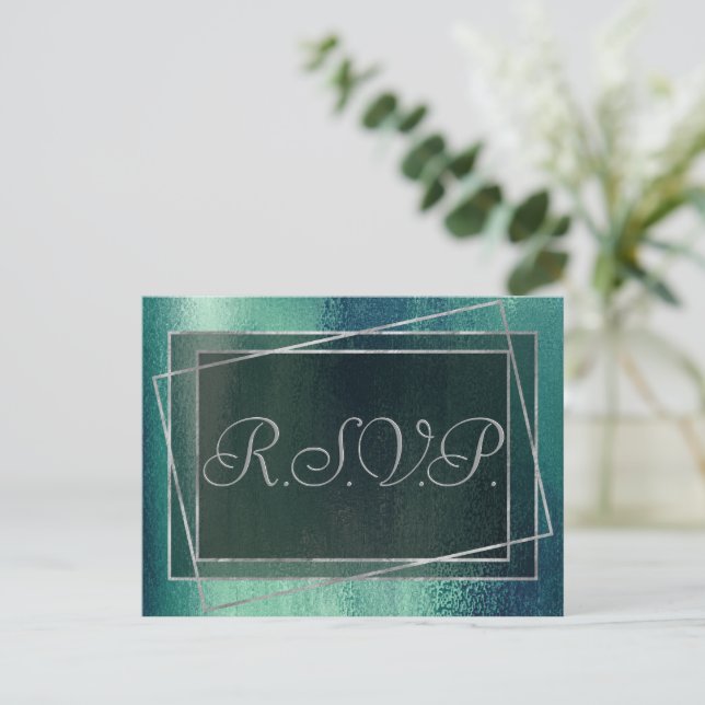 Cartão Postal De Convite Glitzy Foil | Seafoam Green Aqua Faux Sparkle RSVP (Em pé/Frente)
