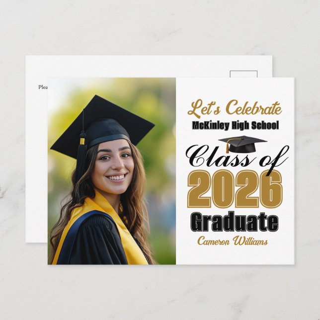 Cartão Postal De Convite Gold Black Class of 2026 Photo Graduation Party (Frente/Verso)