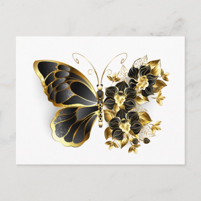 Cartão Postal De Convite Gold Flower Butterfly with Black Orchid (Frente)