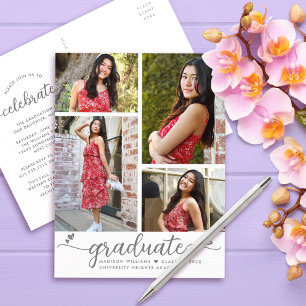 Cartão Postal De Convite Graduação 4 Corações de Script Elegante Modern
