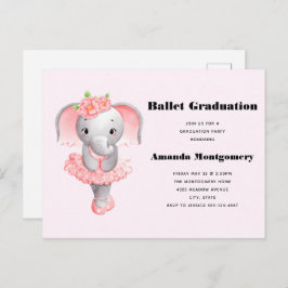 Cartão Postal De Convite Graduação Ballerina, Elefante Rosa E Cinza