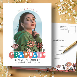 Cartão Postal De Convite Graduação de Foto do Arco de Script Floral Retro