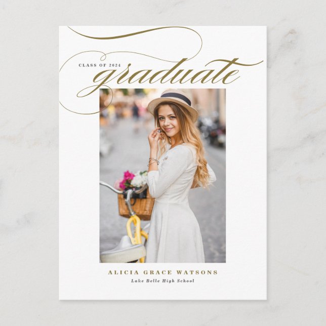 Cartão Postal De Convite Graduação de Foto Elegante Dourada (Frente)