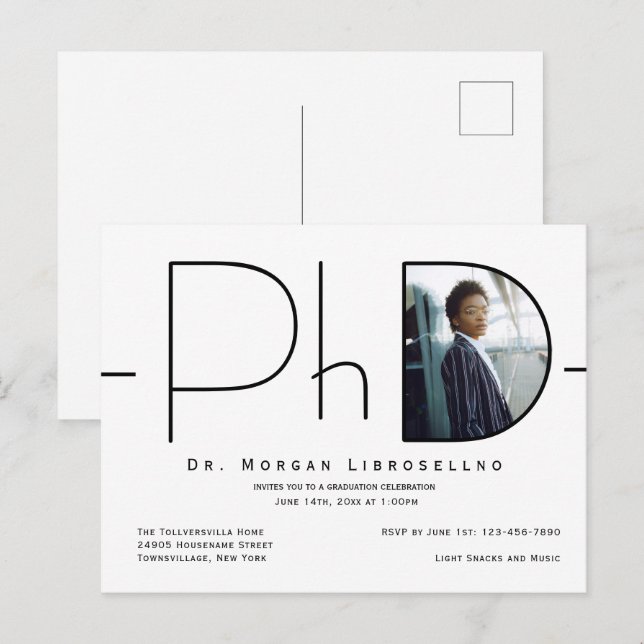 Cartão Postal De Convite Graduação de Foto Moderna em PhD (Frente/Verso)