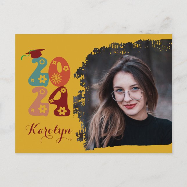 Cartão Postal De Convite Graduação de Fotos Chic com Script Floral Retro (Frente)