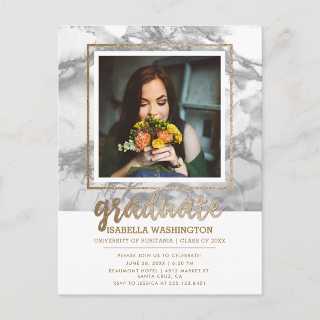 Cartão Postal De Convite Graduação de Fotos de Script Glitter de Mármore e  (Frente)