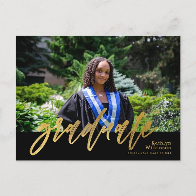 Cartão Postal De Convite Graduação de Fotos Simples por Caligrafia Dourada  (Frente)