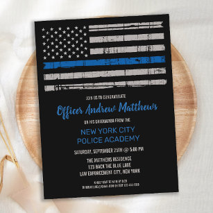 Cartão Postal De Convite Graduação de Polícia da Polícia de Linha Azul-fina
