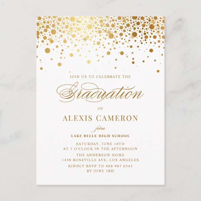 Cartão Postal De Convite Graduação Elegante Faux Gold Foil Confetti (Frente)
