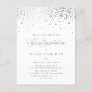 Cartão Postal De Convite Graduação Elegante Faux Silver Foil Confetti