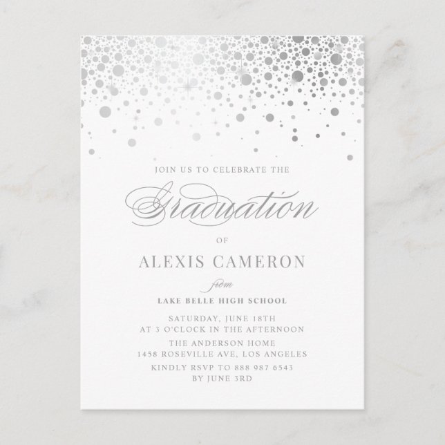 Cartão Postal De Convite Graduação Elegante Faux Silver Foil Confetti (Frente)