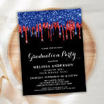 Cartão Postal De Convite Graduação Patriótica de Glitter Azul Vermelho Eleg<br><div class="desc">Convide amigos e família para a sua festa de formatura com estes elegantes traficantes patrióticos, vermelhos e azuis pingando convites para festas de formatura e suprimentos para festas. Estes convites para a graduação em azul e preto também são perfeitos para aposentadoria e festas de aniversário e celebrações, apenas mude o...</div>