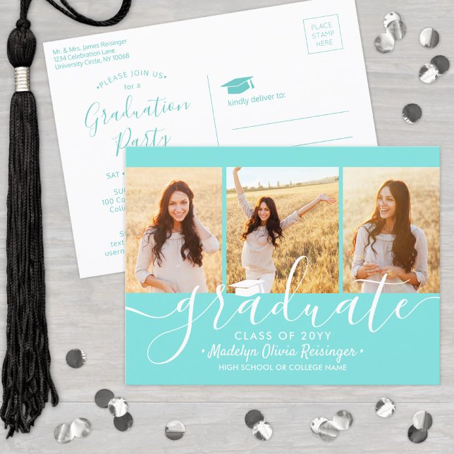 Cartão Postal De Convite Graduation Party Modern Script Teal Blue 3 Photo (Criador carregado)