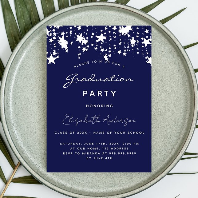 Cartão Postal De Convite Graduation party navy blue white stars (Criador carregado)