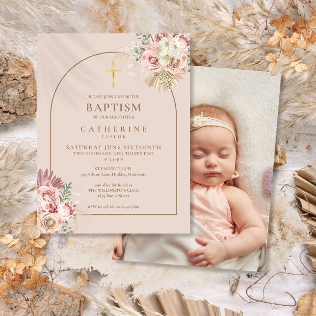 Cartão Postal De Convite Grama das Pampas Arco Dourado Foto Batismo Batizad (Pampas Grass Gold Arch Photo Baptism Christening Invitation Postcard)