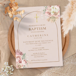 Cartão Postal De Convite Grama das Pampas Rosa Dourado Arco Batismo Batizad