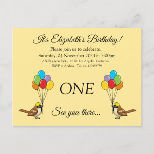 Cartão Postal De Convite Grátis Sparrow com Balões Aniversário Personaliz
