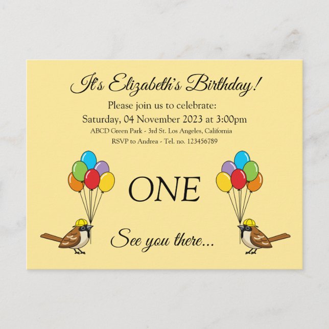 Cartão Postal De Convite Grátis Sparrow com Balões Aniversário | Personaliz (Frente)