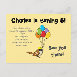 Cartão Postal De Convite Grátis Sparrow com Balões Aniversário | Personaliz