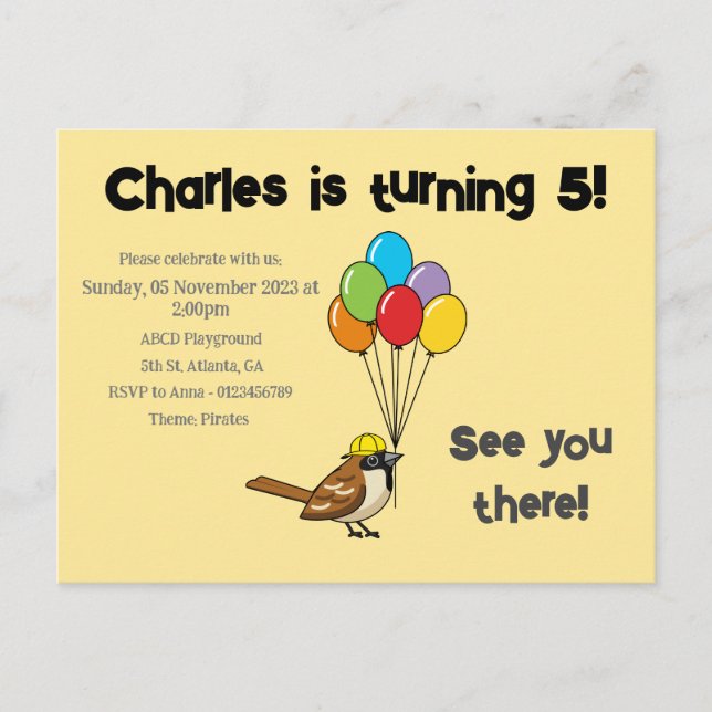 Cartão Postal De Convite Grátis Sparrow com Balões Aniversário | Personaliz (Frente)