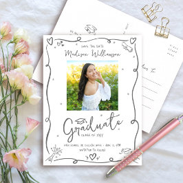 Cartão Postal De Convite Gray Hand Drawn Doodles Save the Date Grad Photo