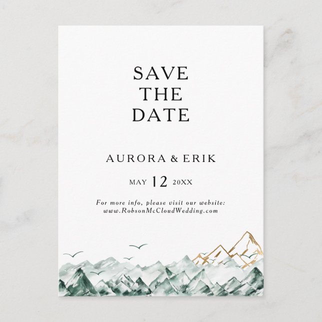 Cartão Postal De Convite Green and Dourado Mountain Save the Date Postcard (Frente)