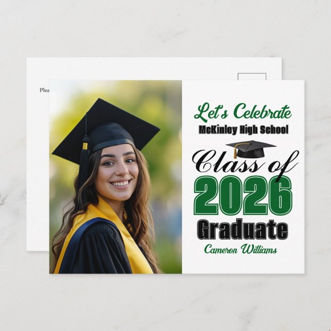 Cartão Postal De Convite Green Class of 2026 Photo Graduation Party (Frente/Verso)