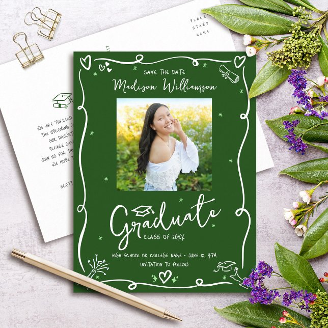 Cartão Postal De Convite Green White Doodles Graduation Save the Date Photo (Criador carregado)