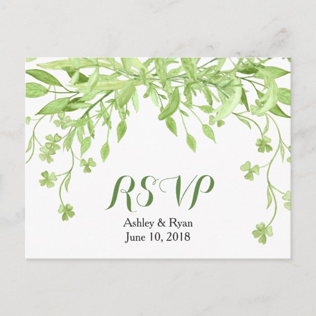 Cartão Postal De Convite Greenery Clover Floral Wedding RSVP (Frente)
