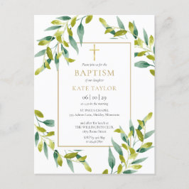 Cartão Postal De Convite Greenery Foliage Baptism Christening