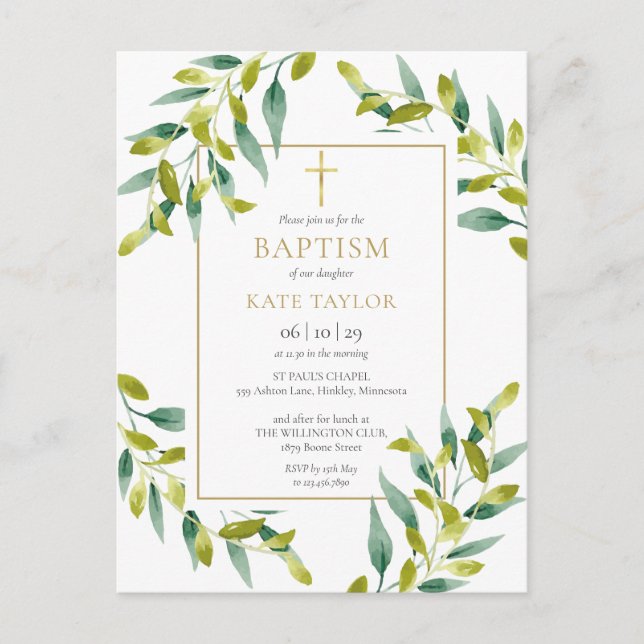 Cartão Postal De Convite Greenery Foliage Baptism Christening (Frente)