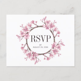 Cartão Postal De Convite Grinalda Floral de Cerejeira Rosa Casamento RSVP