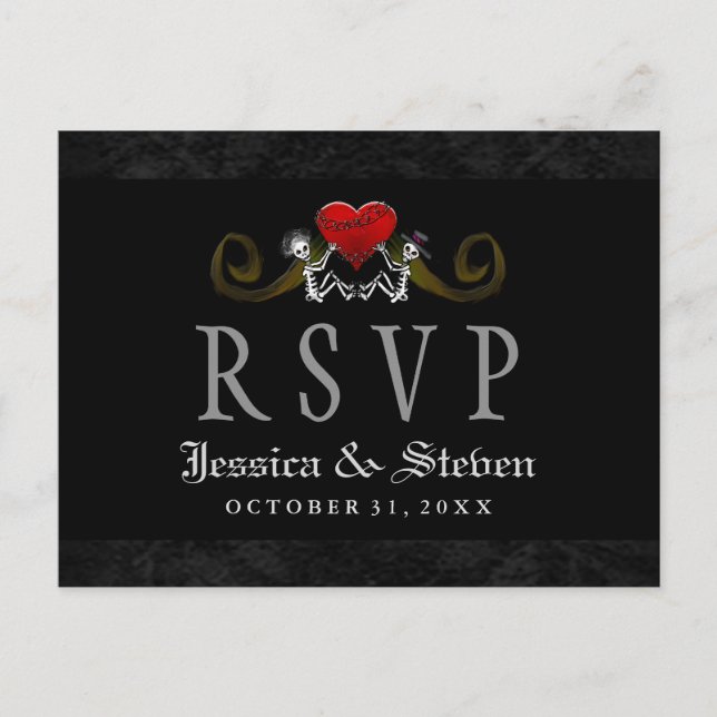 Cartão Postal De Convite Halloween Skeletons & Heart Matching Wedding RSVP (Frente)