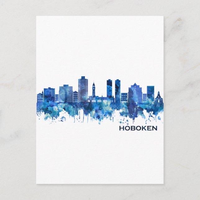 Cartão Postal De Convite Hoboken New Jersey Skyline Blue (Frente)