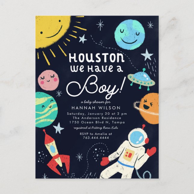 Cartão Postal De Convite Houston Temos Um Chá de fraldas De Espaço (Frente)
