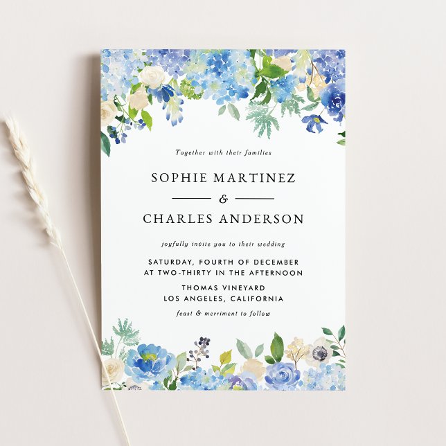 Cartão Postal De Convite Hydrangea e Casamento no inverno de Aquarela Azul (Blue Watercolor Hydrangea and Rose Winter Wedding Invitation Postcard)