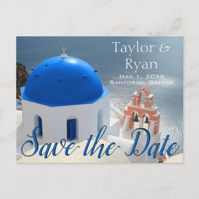 Cartão Postal De Convite Igreja de Santorini sob o sol da tarde. (Frente)