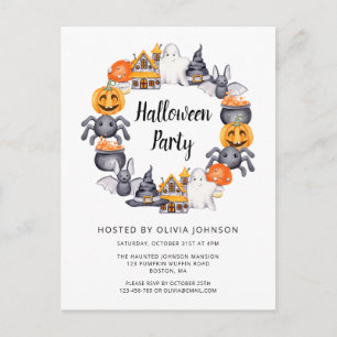 Cartão Postal De Convite Ilustração de festa feliz de Halloween branca fofa
