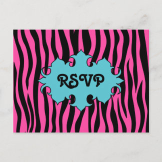 Cartão Postal De Convite Impressão de zebra rosa-quente com RSVP de casamen