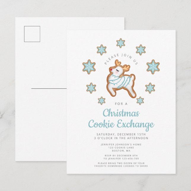 Cartão Postal De Convite Intercâmbio de Biscoitos de Natal Rena Cute (Frente/Verso)