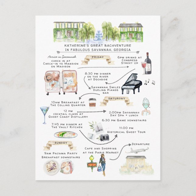 Cartão Postal De Convite Itinerário de Fim de Semana Bachelorette | Savanna (Frente)