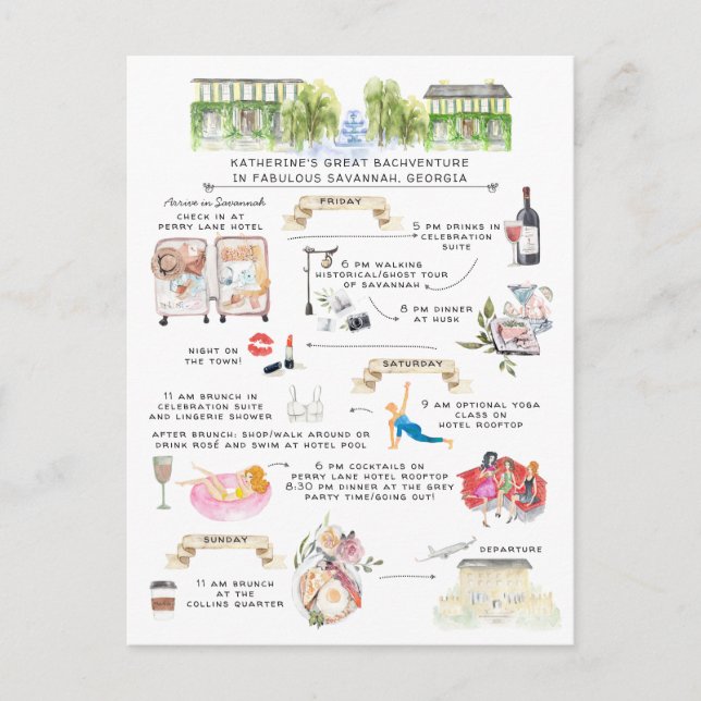Cartão Postal De Convite Itinerário de Fim de Semana Bachelorette | Savanna (Frente)